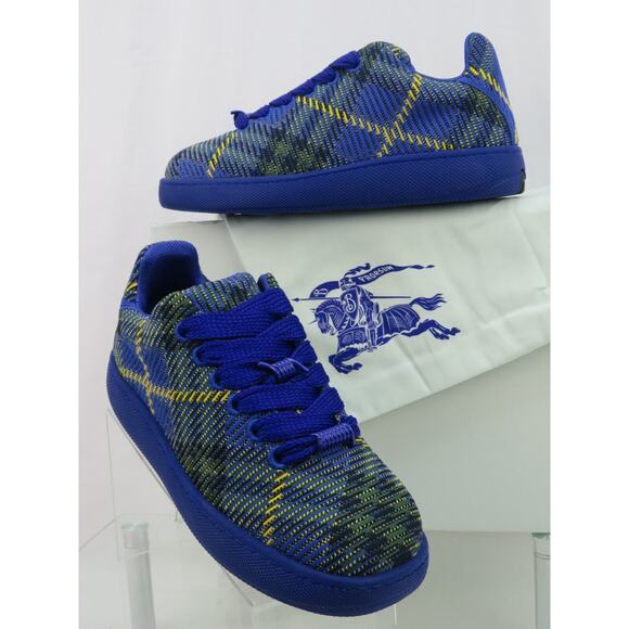 NIB BURBERRY BOX NAVY BLUE CHECK CANVAS LOGO PLATFORM SNEAKERS 9 US 42 ITALY - Picture 1 of 12